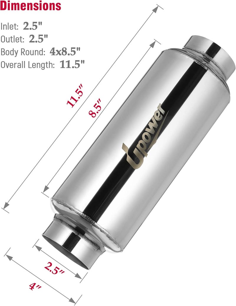 U-Power 2.5" Inlet&Outlet Exhaust Resonator,4" x8.5" Body 11.5" Overall Length Center Straight Through Stainless Steel Muffler,Polished - Image 2